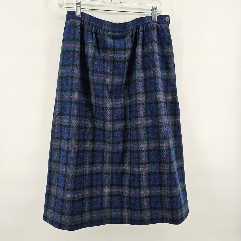 Pendleton Midi Skirt Womens 14 Blue Green Baird Tartan Plaid 100% Wool USA Made